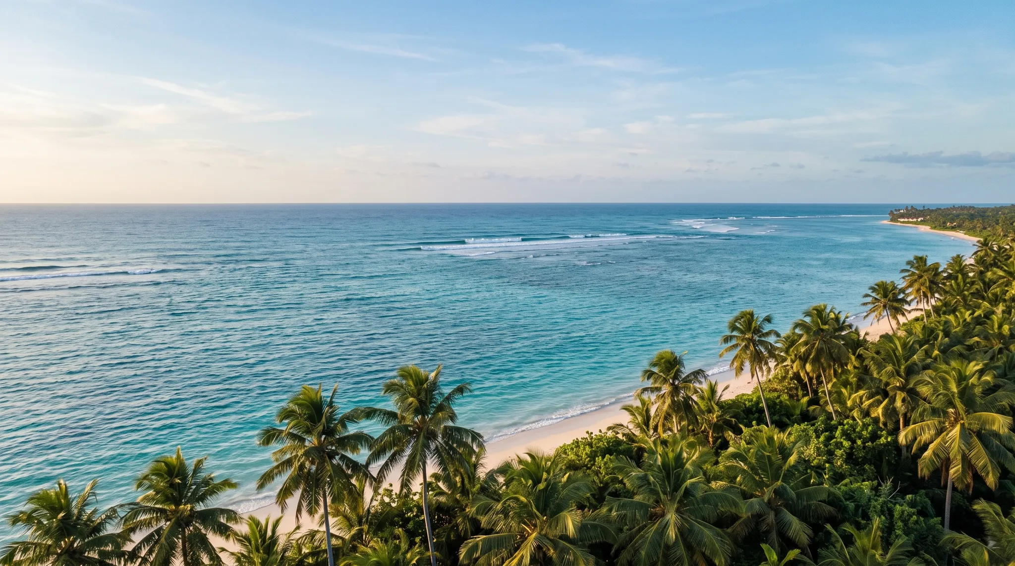 A costa de Tamandaré vista de cima ao fim da tarde: o mar, o arrecife e o coqueiral