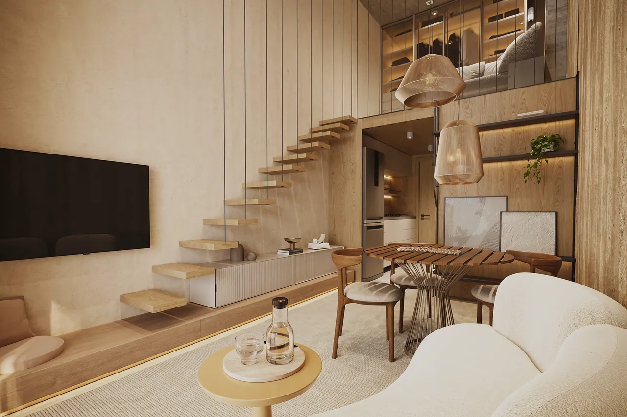 Loft Garden: pé-direito duplo com mezanino