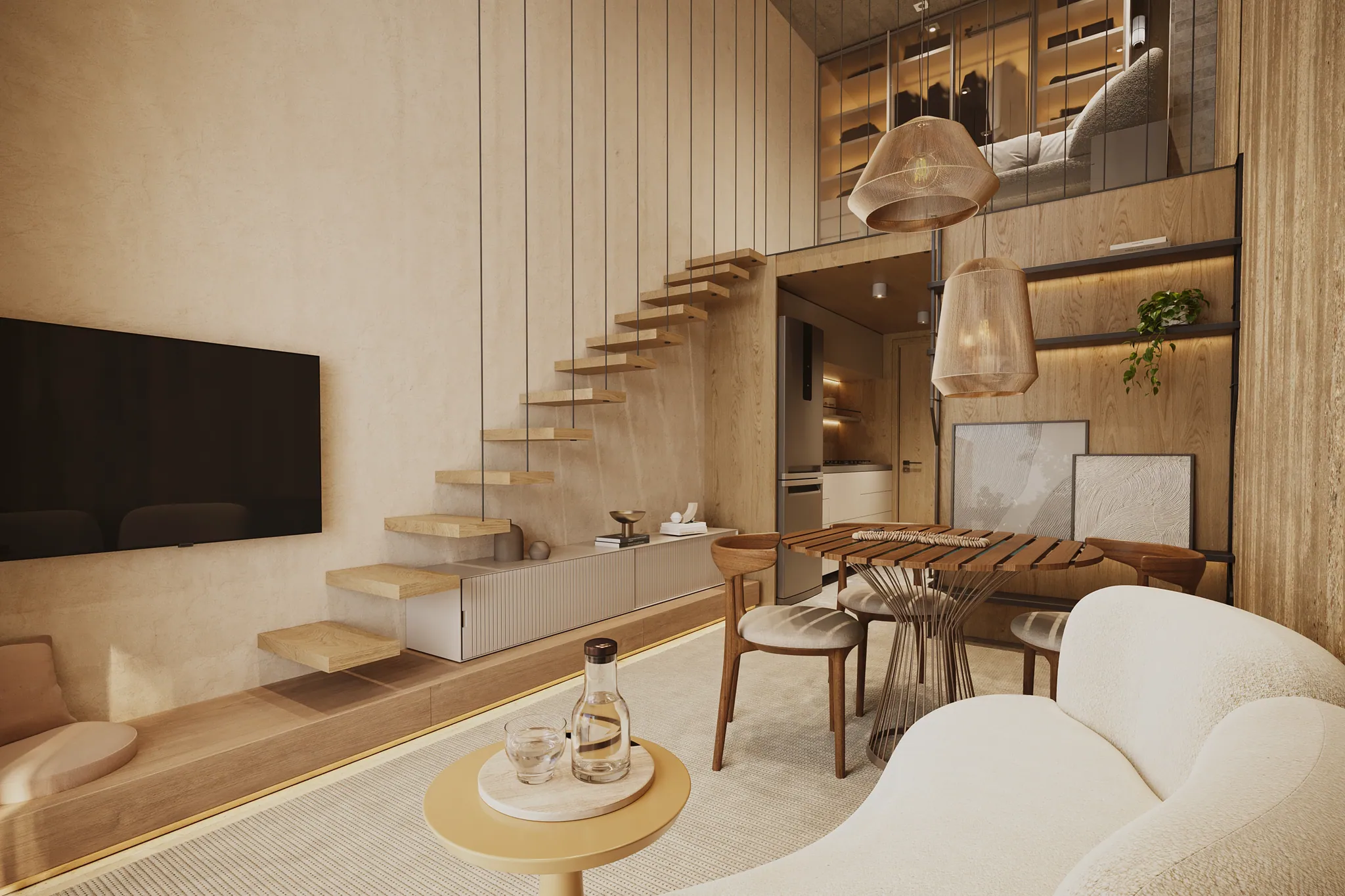 Loft Garden: pé-direito duplo com mezanino